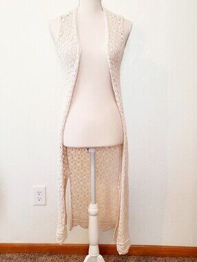 Freshman Cream Crochet Open Duster Vest
